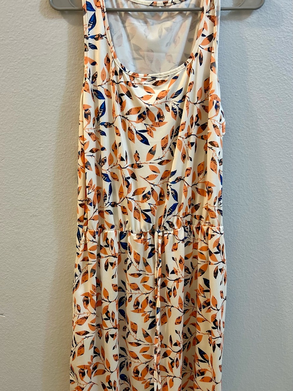 SHEIN Cream Midi Dress with Orange and Navy Leaf Print